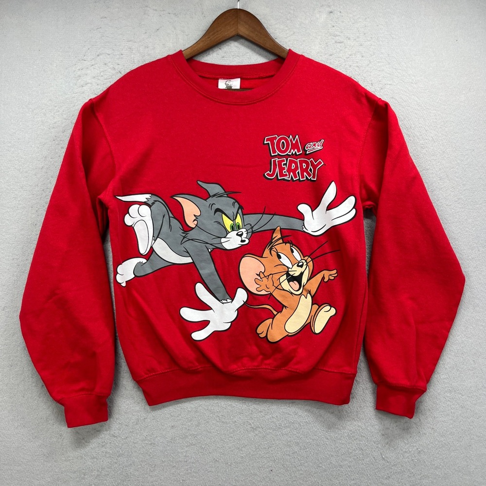 Tom Jerry Sweatshirt Kids XS Red Crewneck Graphic Pullover Cartoon Retro Y2K 90s
